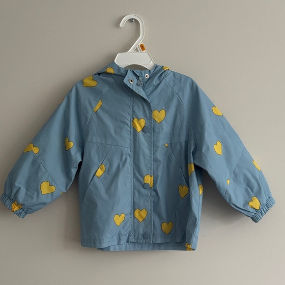 Zara Kids Rain Wind Jacket Toddler Girl 2T Blue Yellow Heart Print Hoodie - Picture 1 of 5